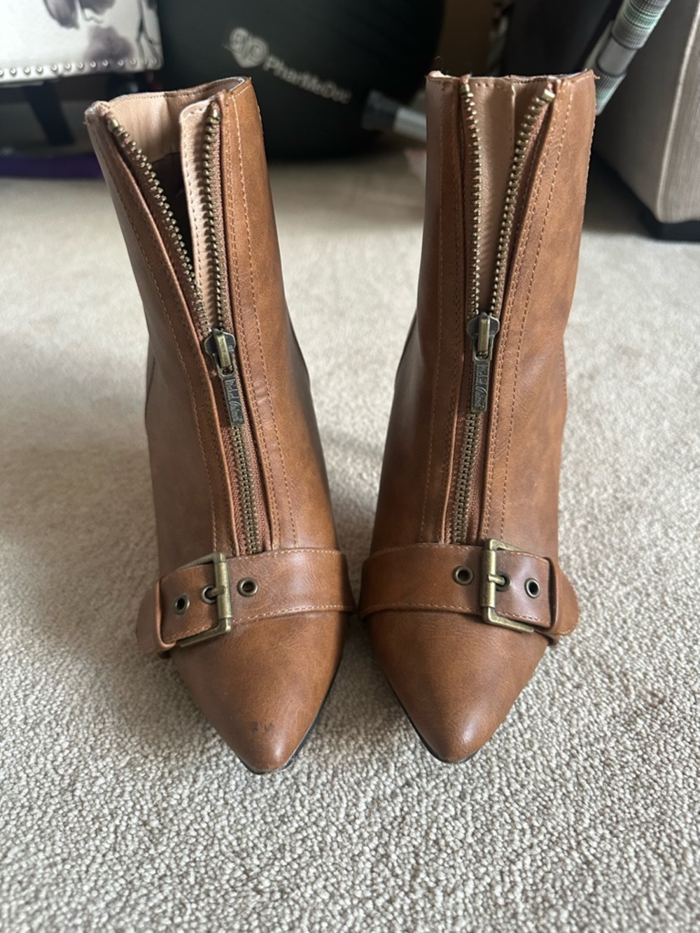 Michael Antonio Pointed Toe Brown Ankle Boots with Front Zipper and Buckle